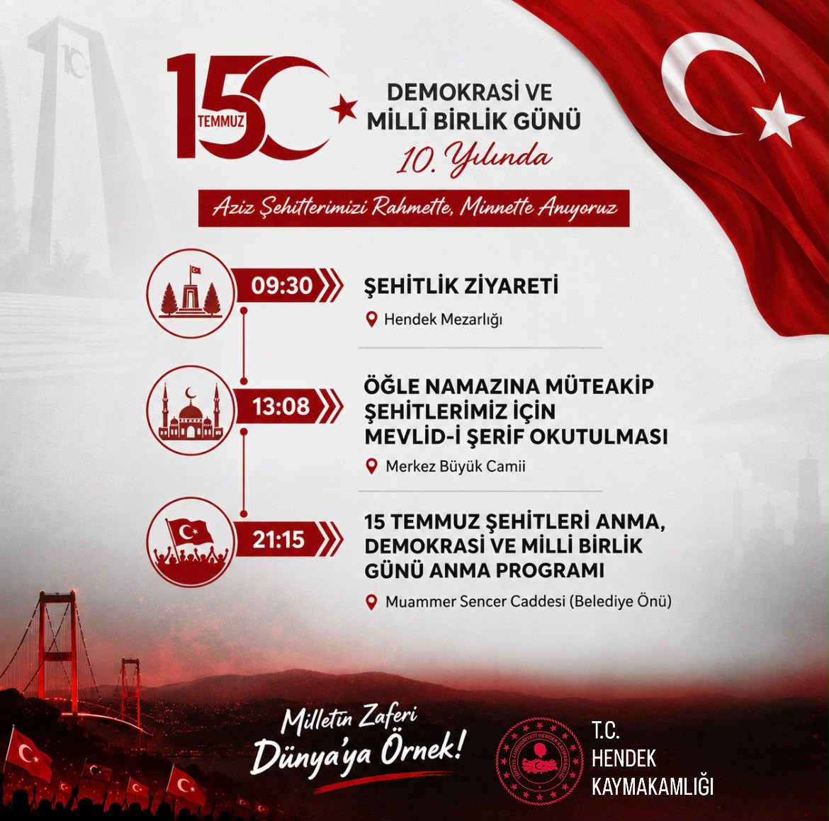 Hendek'te 15 Temmuz demokrasi ve milli birlik günü anma programına davet